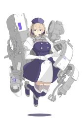 Rule 34 | 1girl, blonde hair, boots, breasts, commentary request, dress, eyelashes, floating, full body, garter straps, gloves, headset, highres, juliet sleeves, large breasts, levitation, long sleeves, looking at viewer, maid headdress, mecha musume, mekaringo, original, puffy sleeves, purple dress, purple eyes, purple footwear, purple thighhighs, short hair, simple background, solo, thigh boots, thighhighs, white background, white gloves