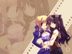 Rule 34 | 00s, 2girls, ahoge, arms around waist, artoria pendragon (all), artoria pendragon (fate), blonde hair, brown background, brown hair, corset, expressionless, fate/stay night, fate (series), hair ribbon, hand on another&#039;s hip, hand on own hip, homurahara academy school uniform, hug, long hair, looking at viewer, multiple girls, puffy sleeves, ribbon, saber (fate), school uniform, serafuku, shirt, smile, tohsaka rin, twintails, two side up, vest, zoom layer