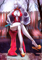 Rule 34 | 1girl, absurdres, bad id, bad pixiv id, bare legs, bench, blue oath, breasts, china dress, chinese clothes, cross, cross earrings, cross necklace, dress, earrings, gosama, hand fan, hand on own knee, high heels, highres, holding, holding fan, jewelry, large breasts, legs, long hair, looking at viewer, necklace, on bench, red dress, red eyes, scharnhorst (blue oath), silver hair, simple background, sitting, smile, solo, thighs, yellow footwear