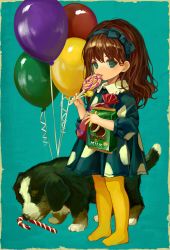 Rule 34 | 1girl, absurdres, balloon, blue bow, bow, brown hair, candy, child, dog, food, freckles, hair bow, highres, holding, holding candy, holding food, holding lollipop, licking, lollipop, looking at viewer, original, sero3eta, solo, standing