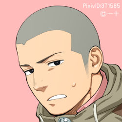 Rule 34 | 1boy, black eyes, black hair, commentary request, frown, hood, hoodie, itto (mentaiko), layered clothes, looking at viewer, lowres, male focus, original, pink background, pink shirt, portrait, profile picture, shaved head, shirt
