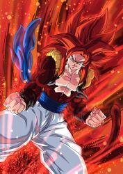 Rule 34 | 1boy, aura, black vest, blue eyes, blue sash, body fur, brown fur, clenched hands, cowboy shot, cropped vest, dragon ball, dragon ball gt, fighting stance, gogeta, kazumax76, long hair, metamoran vest, monkey tail, muscular, muscular male, pants, red background, red hair, red theme, sash, smirk, solo, spiked hair, super saiyan, super saiyan 4, tail, vest, white pants