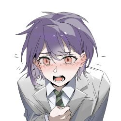 Rule 34 | 1girl, baiyubyy, bang dream!, bang dream! it&#039;s mygo!!!!!, blazer, blush, brown eyes, clutching chest, commentary, diagonal-striped clothes, diagonal-striped necktie, ear blush, green necktie, grey jacket, jacket, long sleeves, necktie, open mouth, purple hair, simple background, solo, striped clothes, symbol-only commentary, takamatsu tomori, teeth, upper body, white background