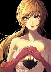Rule 34 | 1girl, bare shoulders, black background, breasts, cleavage, closed mouth, collarbone, commentary, gloves, hand over heart, hands on own chest, highres, kiss-shot acerola-orion heart-under-blade, large breasts, lipstick, long hair, looking at viewer, makeup, monogatari (series), narumi muran, orange hair, oshino shinobu, red gloves, red lips, simple background, solo, strapless, upper body, yellow eyes