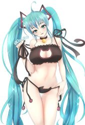 Rule 34 | 1girl, ahoge, aqua hair, bad id, bad pixiv id, bell, neck bell, breasts, cat cutout, cat ear panties, cat lingerie, choker, cleavage, cleavage cutout, clothing cutout, cowboy shot, green eyes, hatsune miku, head tilt, jingle bell, large breasts, long hair, meme attire, navel, panties, saltycaramel, side-tie panties, simple background, solo, twintails, underwear, underwear only, very long hair, vocaloid, white background