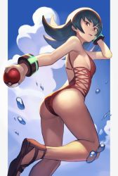 Rule 34 | 1girl, alternate costume, ass, bracelet, brown footwear, cloud, commentary, creatures (company), day, from below, game freak, green hair, hand up, holding, holding poke ball, jewelry, konoike (pepe expect), long hair, looking at viewer, nintendo, one-piece swimsuit, outdoors, pillarboxed, poke ball, poke ball (basic), pokemon, pokemon hgss, red eyes, red one-piece swimsuit, sabrina (pokemon), sandals, sky, solo, swimsuit, water drop