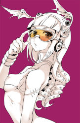 Rule 34 | 1girl, adjusting goggles, bracelet, breasts, covered erect nipples, eyeball, goggles, hair ornament, head wings, headphones, jewelry, long hair, monochrome, open mouth, original, pochi (pochi-goya), scar, solo, spot color, tank top, tentacles, underboob, wings