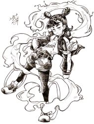 Rule 34 | 1boy, all yellow777, belt, black belt, black hair, camouflage, camouflage shorts, double bun, fire, full body, greyscale, hair bun, hand on own hip, highres, jacket, pantyhose under shorts, long hair, long sleeves, monochrome, nezha (the legend of luoxiaohei), pantyhose, print shirt, shirt, shirt tucked in, shoes, shorts, simple background, solo, standing, luo xiaohei zhanji, white background, white shirt