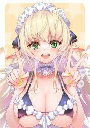 Rule 34 | 1girl, :d, bikini, black bikini, blonde hair, blush, breasts, choker, cleavage, commentary request, elf, frilled choker, frills, green eyes, hong (white spider), index finger raised, large breasts, long hair, maid headdress, nail polish, open mouth, original, pointy ears, signature, simple background, skindentation, smile, solo, string bikini, swimsuit, teeth, upper body, upper teeth only, v, yellow nails