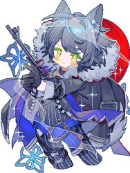 Rule 34 | 1boy, animal ears, arknights, black gloves, black hair, black suit, blue coat, blush, buttons, coat, coat on shoulders, double-breasted, flower-shaped pupils, formal, fur-trimmed coat, fur trim, gloves, green eyes, gun, highres, holding, holding gun, holding weapon, light frown, male focus, pinstripe pattern, pinstripe suit, pixelated, red background, saucer (saucer752), short hair, simple background, solo, sparkle, striped, suit, swept bangs, symbol-shaped pupils, tail, vigil (arknights), weapon, white background, wolf boy, wolf ears, wolf tail