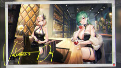 Rule 34 | 2girls, 504 gateway, alcohol, ass, azur lane, bar (place), blonde hair, blush, breasts, choker, cleavage, commentary, commentary request, criss-cross halter, dress, flower, flower in mouth, formal, green hair, halterneck, highres, jewelry, large breasts, littorio (azur lane), littorio (calabria aurea) (azur lane), long hair, looking at viewer, medium hair, multiple girls, necklace, off-shoulder dress, off shoulder, official alternate costume, photo (object), roon (azur lane), roon (viridescent lullaby) (azur lane), rose, smile, strapless, strapless dress, thigh strap, valentine, wine