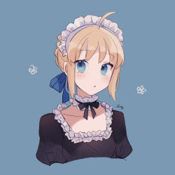 Rule 34 | 1girl, :o, ahoge, artoria pendragon (fate), blonde hair, blue background, blue eyes, braid, fate/grand order, fate/stay night, fate (series), french braid, frills, looking at viewer, maid headdress, meloettta, open mouth, puffy short sleeves, puffy sleeves, short sleeves, sidelocks, solo