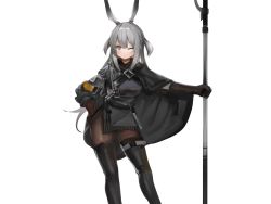 Rule 34 | 1girl, ;), animal ears, arknights, black cape, black dress, black footwear, black gloves, black pantyhose, blush, boots, breasts, cape, closed mouth, contrapposto, dokomon, dress, elbow gloves, feet out of frame, female focus, gloves, grey eyes, grey hair, hand on own hip, highres, holding, holding staff, large breasts, long hair, looking at viewer, one eye closed, pantyhose, rabbit ears, savage (arknights), simple background, smile, solo, staff, standing, thigh boots, thigh strap, two side up, very long hair, white background