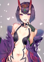 Rule 34 | 1girl, bare shoulders, eyebrows, fate/grand order, fate (series), fingerless gloves, gloves, hair ornament, highres, hiyashi mirano, horns, japanese clothes, kimono, looking at viewer, navel, oni, open mouth, purple eyes, purple hair, short hair, shuten douji (fate), shuten douji (first ascension) (fate), sketch, solo