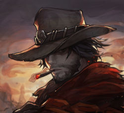 Rule 34 | 1boy, ashes, black eyes, black hair, cassidy (overwatch), chocofing r, cigar, cowboy, cowboy hat, cowboy western, embers, facial hair, hat, male focus, outdoors, overwatch, overwatch 1, parted lips, portrait, shaded face, silhouette, smoke, smoking, solo, sunrise, torn clothes, western