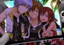 Rule 34 | 1girl, 2boys, aqua eyes, arm around neck, blue eyes, blue sky, blurry, brown hair, cellphone, chain necklace, collarbone, day, depth of field, fang, fingerless gloves, gloves, grin, group picture, highres, jacket, kairi (kingdom hearts), kingdom hearts, lens flare, mikura (miraclemicro), multiple boys, muscular, necklace, one eye closed, open mouth, palm tree, phone, pov, riku (kingdom hearts), sandwiched, silver hair, sky, smartphone, smile, sora (kingdom hearts), tree, user interface, v