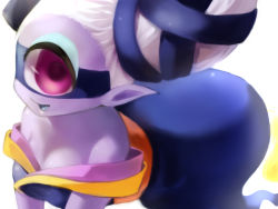 Rule 34 | 10s, 1girl, artist request, colored skin, fuumin (youkai watch), looking at viewer, one-eyed, pointy ears, purple eyes, purple skin, white hair, youkai watch