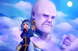 Rule 34 | 1boy, 1girl, ahoge, bald, blue capelet, blue eyes, blue hair, capelet, clenched hand, cloud, colored skin, commentary, cosplay, english commentary, frills, highres, holding, holding jewelry, holding ring, hood, infinity gauntlet, jewelry, kesa, kumoi ichirin, lens flare, long sleeves, looking at viewer, marvel, meme, mountain, nun, outdoors, pendant, pink skin, ring, short hair, speckticuls, sun, thanos, thanos (cosplay), touhou, unzan, wide sleeves