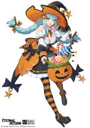 Rule 34 | 1girl, aqua hair, bare shoulders, black footwear, black skirt, black survival, blue eyes, boots, braid, breasts, c.honey, candy, candy cane, cleavage, detached sleeves, emma hardy, eternal return: black survival, food, halloween bucket, halloween costume, hat, high heel boots, high heels, highres, jack-o&#039;-lantern, juliet sleeves, large breasts, lollipop, long hair, long sleeves, looking at viewer, official art, open mouth, pleated skirt, puffy sleeves, shirt, simple background, skirt, smile, solo, striped clothes, striped thighhighs, swirl lollipop, tachi-e, thighhighs, twin braids, twintails, white background, white shirt, witch hat
