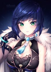 Rule 34 | 1girl, artist name, bare shoulders, blue gloves, blue hair, blush, bracelet, breasts, cleavage, commentary request, dark blue hair, earrings, elbow gloves, fur collar, genshin impact, gloves, green eyes, hand up, highres, jewelry, kuriidono, looking at viewer, medium breasts, parted lips, short hair, solo, upper body, yelan (genshin impact)