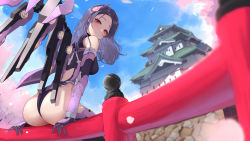 Rule 34 | 1girl, absurdres, architecture, ass, bare shoulders, black hair, black leotard, blue sky, breasts, cherry blossoms, closed mouth, day, east asian architecture, elbow gloves, gloves, goddess of victory: nikke, hair ornament, highres, isabel (nikke), leotard, long hair, looking at viewer, looking back, mechanical wings, medium breasts, on railing, outdoors, petals, pomp (qhtjd0120), purple gloves, railing, red eyes, sitting, sky, smile, solo, wings
