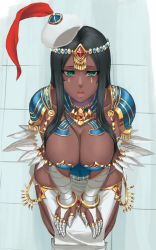 Rule 34 | 1girl, black hair, breasts, caster of the nocturnal castle, circlet, cleavage, dark skin, dark-skinned female, fate/grand order, fate (series), from above, green eyes, highres, hip focus, large breasts, long hair, open mouth, ranma (kamenrideroz), scheherazade (fate), seiza, sitting, skindentation, solo, thighs