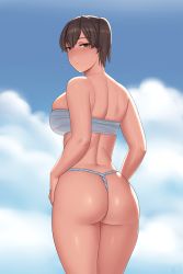 Rule 34 | 1girl, ass, back, bad id, bad tumblr id, bare shoulders, breasts, brown eyes, brown hair, commentary, day, from behind, fundoshi, highres, japanese clothes, jewelry, kaga (kancolle), kantai collection, large breasts, looking at viewer, looking back, lvl (sentrythe2310), ring, sarashi, short hair, side ponytail, signature, sky, solo, thighs, wet