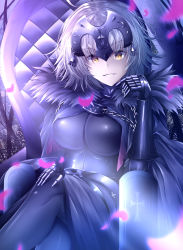 Rule 34 | 1girl, absurdres, ahoge, black dress, breasts, breasts apart, crossed legs, dress, fate/grand order, fate (series), gauntlets, hair ornament, hand on own knee, highres, jeanne d&#039;arc (fate), jeanne d&#039;arc alter (avenger) (fate), jeanne d&#039;arc alter (avenger) (first ascension) (fate), jeanne d&#039;arc alter (fate), large breasts, looking at viewer, parted lips, shiny clothes, short hair, silver hair, sitting, solo, suisen-21, yellow eyes