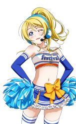 Rule 34 | 1girl, artist request, ayase eli, bare shoulders, blonde hair, blue eyes, blush, bow, breasts, character name, cheerleader, collarbone, elbow gloves, frills, gloves, hands on own hips, headset, long hair, looking at viewer, love live!, love live! school idol festival, love live! school idol festival after school activity, love live! school idol project, midriff, navel, official art, one eye closed, open mouth, pom pom (cheerleading), ponytail, skirt, smile, solo, star (symbol), star tattoo, strapless, striped, takaramonozu, tattoo, thighhighs, transparent background, zettai ryouiki