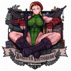 Rule 34 | 1girl, abs, ammunition box, beret, blonde hair, blue eyes, boots, braid, breasts, cameltoe, cammy white, capcom, gloves, gun, hat, hershuar, leotard, red hat, red socks, scar, socks, street fighter, thighs, twin braids, twintails, weapon