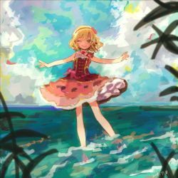 Rule 34 | absurdres, bare arms, bare legs, blonde hair, blue sky, commentary, day, dress, flower, frilled dress, frills, full body, green eyes, hair flower, hair ornament, hairband, highres, idolmaster, idolmaster cinderella girls, looking at viewer, medium hair, no lineart, ocean, one eye closed, outdoors, outstretched arms, red dress, sakurai momoka, shi chimi, short dress, sky, sleeveless, sleeveless dress, standing, wading, water