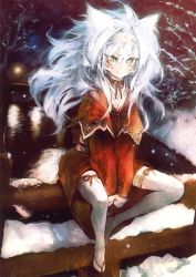Rule 34 | 1girl, absurdres, animal ears, banpai akira, fence, highres, japanese clothes, long hair, miko, sitting, smile, solo, thighhighs, white hair, yellow eyes