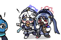 Rule 34 | !, 3girls, animal ear fluff, animal ears, antenna hair, armband, beleullin, blue archive, blue eyes, blue hair, blue necktie, blue scarf, blue vest, blush stickers, boots, chibi, commentary request, doughnut, eating, food, fubuki (blue archive), full body, gloves, grey hair, hair ornament, halo, hat, heart, heart hair ornament, holding, holding food, kirino (blue archive), mask, multicolored hair, multiple girls, necktie, open mouth, pointing, pointing at another, police, police hat, police uniform, policewoman, purple armband, scarf, shiroko (blue archive), shirt, simple background, streaked hair, uniform, vest, white background, white gloves, white hair, white shirt