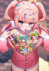Rule 34 | 1girl, bandaid, bandaid on cheek, bandaid on face, blonde hair, bow, candy, collarbone, cowboy shot, food, food in mouth, green eyes, hair bow, hair intakes, hair ornament, hairclip, hands up, heart stickers, highres, jacket, jewelry, kabu (niniko2ko), long hair, long sleeves, mouth hold, original, panties, pink jacket, pink panties, red bow, ring, solo, twintails, underwear