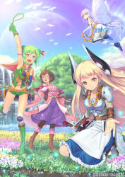 Rule 34 | 4girls, :d, arm up, armor, arrow (projectile), bird, blonde hair, blue eyes, boots, bow, bow (weapon), breastplate, brown eyes, brown hair, brown legwear, butterfly wings, cloud, day, flower, gilgamesh (last summoner), gloves, green gloves, green hair, hair bow, horns, insect wings, last summoner, leg up, long hair, looking at viewer, multiple girls, official art, open mouth, outdoors, pantyhose, pauldrons, piro (artist), piro (orip), quiver, robin hood (last summoner), sakamoto ryouma (last summoner), short hair, shoulder armor, silver hair, skirt, sky, smile, squatting, standing, standing on one leg, sword, thighhighs, tree, vambraces, very long hair, water, weapon, white legwear, wings