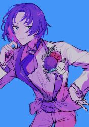 Rule 34 | 1boy, ascot, blue eyes, closed mouth, colored inner hair, formal, gloves, hand on own hip, highres, jacket, looking to the side, mahoutsukai no yakusoku, male focus, multicolored hair, murr hart, pants, pink hair, piza-chan, purple ascot, purple background, purple hair, short hair, sketch, smile, solo, suit, white gloves, white jacket, white pants
