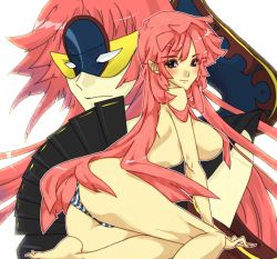 Rule 34 | 10s, 1girl, barefoot, blush, breasts, domino mask, folding fan, hand fan, large breasts, long hair, looking at viewer, looking back, mask, outline, panties, pink hair, solo, star driver, striped clothes, striped panties, topless, underwear, very long hair, you marino