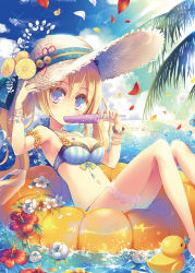 Rule 34 | 1girl, bad id, bad nicoseiga id, beach, bikini, blonde hair, blue background, blue bikini, blue eyes, bracelet, breasts, bridal garter, cleavage, cloud, day, eating, flower, food, fruit, hat, hibiscus, jewelry, long hair, looking at viewer, lots of jewelry, navel, ocean, orange (fruit), original, outdoors, petals, popsicle, rubber duck, sky, small breasts, solo, striped bikini, striped clothes, sun hat, sunglasses, swimsuit, twintails, vertical-striped bikini, vertical-striped clothes, yamadori yoshitomo