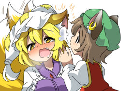 Rule 34 | 2girls, :3, animal ears, bad id, bad pixiv id, bell, blonde hair, blowing, blush, bow, brown eyes, brown hair, cat ears, cat girl, cat tail, chen, dress, drooling, ear piercing, eargasm, earrings, eromame, fang, female focus, fox ears, fox tail, hat, hat with ears, jewelry, multiple girls, multiple tails, open mouth, piercing, shirt, tabard, tail, touhou, uncommon stimulation, vest, white dress, yakumo ran, yellow eyes