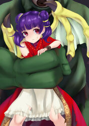 Rule 34 | 1girl, absurdres, bare shoulders, black background, blunt bangs, bracelet, capelet, closed mouth, coat, cowboy shot, cyclops, dragon girl, dragon wings, dress, fire emblem, fire emblem: the sacred stones, frilled dress, frills, gold trim, grabbing, grabbing from behind, green wings, hair tie, highres, holding hands, imminent rape, jewelry, long hair, looking at another, looking back, monster, multi-tied hair, myrrh (fire emblem), nintendo, one-eyed, open clothes, open coat, pale skin, purple hair, red capelet, red coat, red eyes, restrained, serious, short dress, sideways glance, size difference, skirt, solo focus, sweatdrop, tonton karaton, torn clothes, torn coat, torn dress, torn skirt, twintails, white dress, wings, worried, wristband, yellow wings