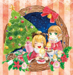 Rule 34 | 2girls, bad id, bad pixiv id, bell, blonde hair, blush, bow, candle, candy, candy cane, christmas ornaments, christmas tree, cloak, closed eyes, flower, food, gift, green eyes, hair bow, highres, kurodani yamame, mizuhashi parsee, multiple girls, night, night sky, open mouth, painting (medium), pinecone, piyo (piyoko528), pointy ears, ribbon, short hair, sky, smile, star (symbol), striped, striped background, touhou, traditional media, straw doll, watercolor (medium), wreath