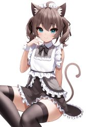 Rule 34 | 1girl, absurdres, ahoge, animal ear fluff, animal ears, black ribbon, blush, bow, brown hair, cat ears, cat tail, cuffs, dress, feet out of frame, flat chest, frilled dress, frills, green eyes, hair between eyes, hair ribbon, highres, hololive, kemonomimi mode, lace, lace-trimmed skirt, lace trim, looking at viewer, maid, maid headdress, medium hair, natsuiro matsuri, plaid, plaid shirt, ribbon, roina (effj7473), shirt, simple background, skindentation, skirt, sleeveless, smile, solo, tail, tsurime, twintails, virtual youtuber, wavy hair, white background, wrist cuffs