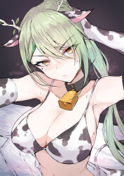 Rule 34 | 1girl, animal ears, animal print, antlers, armpits, bell, bikini, breasts, ceres fauna, cleavage, collar, collarbone, cow ears, cow print, cow print bikini, elbow gloves, gloves, green hair, highres, hololive, hololive english, horns, large breasts, leaf, long hair, mole, mole under eye, navel, neck bell, panties, ponytail, print bikini, sak1 01, solo, stomach, sweat, swimsuit, underwear, unworn panties, upper body, virtual youtuber, yellow eyes