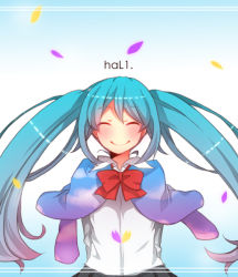 Rule 34 | 1girl, ^ ^, arms behind back, bad id, bad pixiv id, blue hair, capelet, closed eyes, closed eyes, gradient hair, hatsune miku, long hair, multicolored hair, rooto, smile, solo, twintails, vocaloid