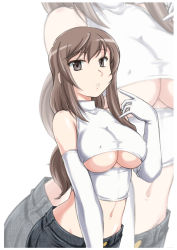 Rule 34 | 10s, 1girl, bare shoulders, breasts, brown eyes, brown hair, cleavage cutout, clothing cutout, crop top, denim, elbow gloves, covered erect nipples, girls und panzer, gloves, halterneck, halterneck, highres, jeans, large breasts, long hair, looking at viewer, midriff, mature female, navel, pants, parted lips, shimada chiyo, solo, standing, underboob, wan&#039;yan aguda, white background, white gloves, zoom layer