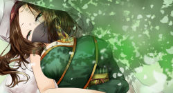 Rule 34 | 1girl, ameshiki, arabian clothes, bare shoulders, breasts, brown hair, cleavage, crying, detached collar, dress, closed eyes, fate/grand order, fate (series), green dress, green eyes, highres, hoop, hula hoop, long hair, looking at viewer, lying, mouth veil, on back, siduri (fate), smile, solo, tears, veil, white hood