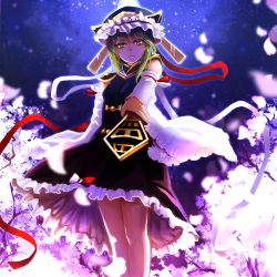 Rule 34 | 1girl, backlighting, cherry blossoms, cowboy shot, detached sleeves, full moon, green eyes, green hair, highres, ibitsu, looking at viewer, matching hair/eyes, moon, night, night sky, petals, ribbon-trimmed sleeves, ribbon trim, rod of remorse, serious, shiki eiki, skirt, sky, solo, star (sky), starry sky, touhou, upskirt