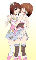 Rule 34 | 2girls, amami haruka, ass, ass grab, bad id, bad pixiv id, badge, bare shoulders, belt, blush, boots, bracelet, brown eyes, brown hair, cool &amp; sexy (idolmaster), embarrassed, fishnet legwear, fishnets, grabbing another&#039;s ass, green eyes, groping, hagiwara yukiho, halterneck, highres, holding hands, idolmaster, idolmaster (classic), imo (ryokyou), interlocked fingers, jewelry, jpeg artifacts, looking away, looking back, multiple girls, open mouth, own hands together, panties, pink footwear, pleated skirt, short hair, simple background, skirt, standing, thighhighs, underwear, vest, wrist cuffs, yuri