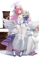 Rule 34 | 1girl, angel wings, black footwear, blue archive, blush, bouquet, breasts, cleavage, closed mouth, commentary, dress, feathered wings, flower, full body, halo, high heels, highres, holding, holding bouquet, large breasts, leviathan (hikinito0902), long hair, looking at viewer, low wings, mika (blue archive), pink hair, pink halo, simple background, smile, solo, standing, thighhighs, very long hair, white background, white dress, white flower, white thighhighs, white wings, wings, yellow eyes
