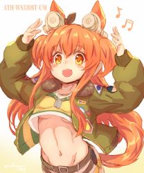 Rule 34 | 1girl, arms up, audio-technica, belt, blush, breasts, commentary request, crop top, dog tags, green jacket, hair between eyes, highres, horse girl, jacket, jewelry, long hair, long sleeves, mayano top gun (umamusume), musical note, navel, necklace, no bra, ooba jun, open clothes, open jacket, open mouth, orange eyes, orange hair, shirt, short twintails, smile, solo, stomach, twintails, umamusume, underboob, very long hair, yellow shirt
